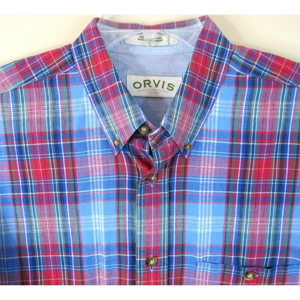 Orvis Short Sleeve Button Down Cotton Shirt Men's Large Red Blue Plaid - Picture 2 of 7